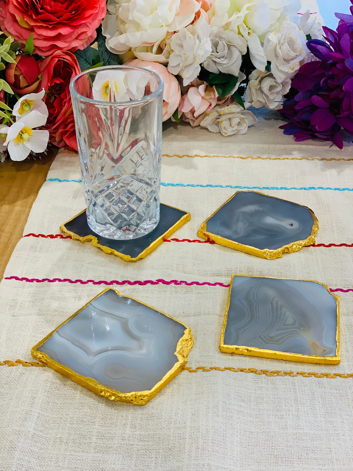 Golden-rimmed Agate Purple Coasters (Set of 4)