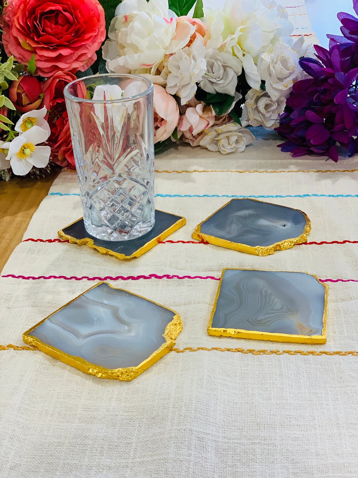 Golden-rimmed Agate Purple Coasters (Set of 4)