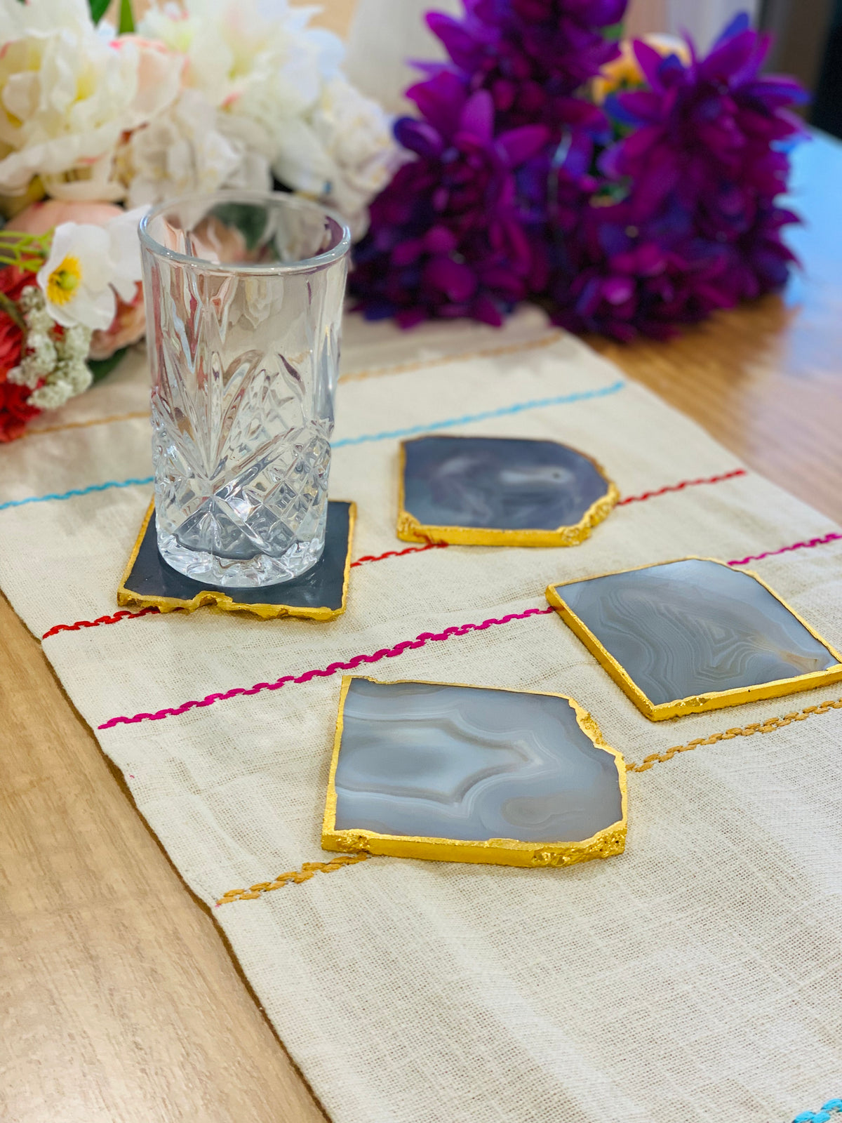 Golden-rimmed Agate Purple Coasters (Set of 4)