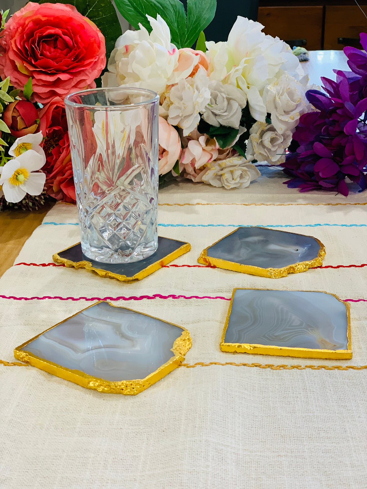 Golden-rimmed Agate Purple Coasters (Set of 4)