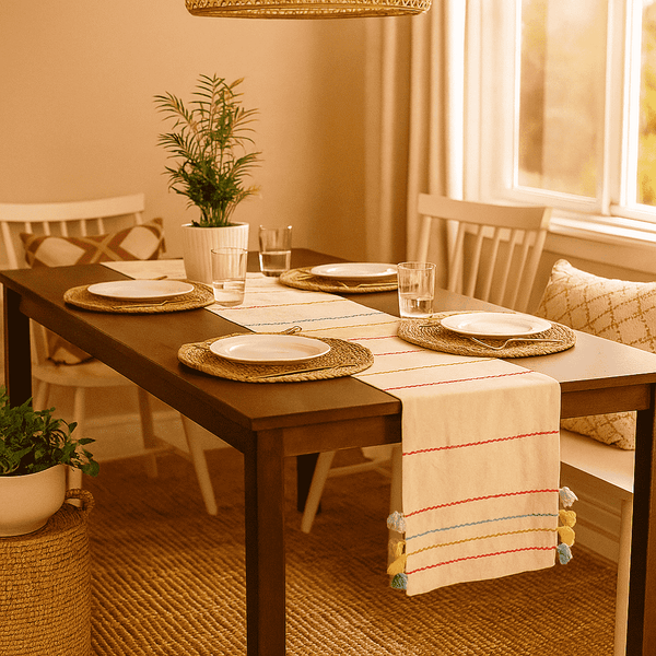 Minimal Cotton Table Runner | Threadwork Tasseled Decor