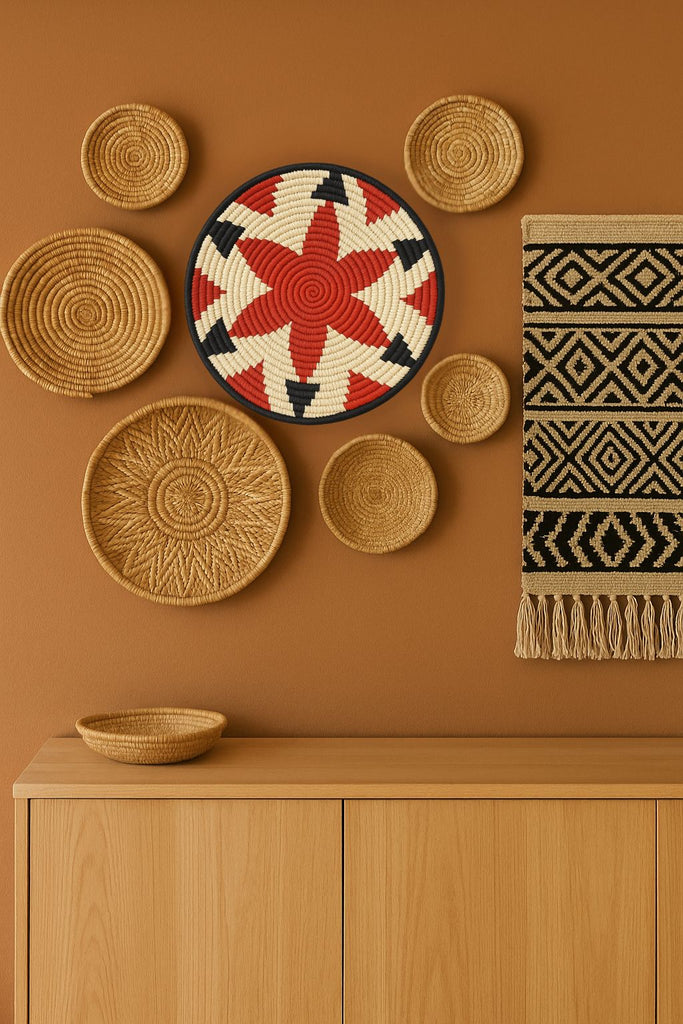 Natural-toned handwoven tribal star wall plate – round boho wall art for living room, gallery wall, or hallway

