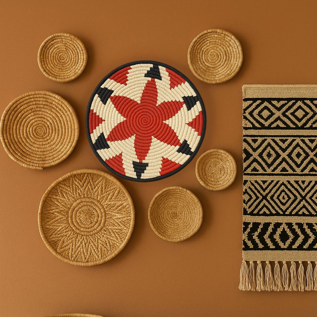 Natural-toned handwoven tribal star wall plate – round boho wall art for living room, gallery wall, or hallway