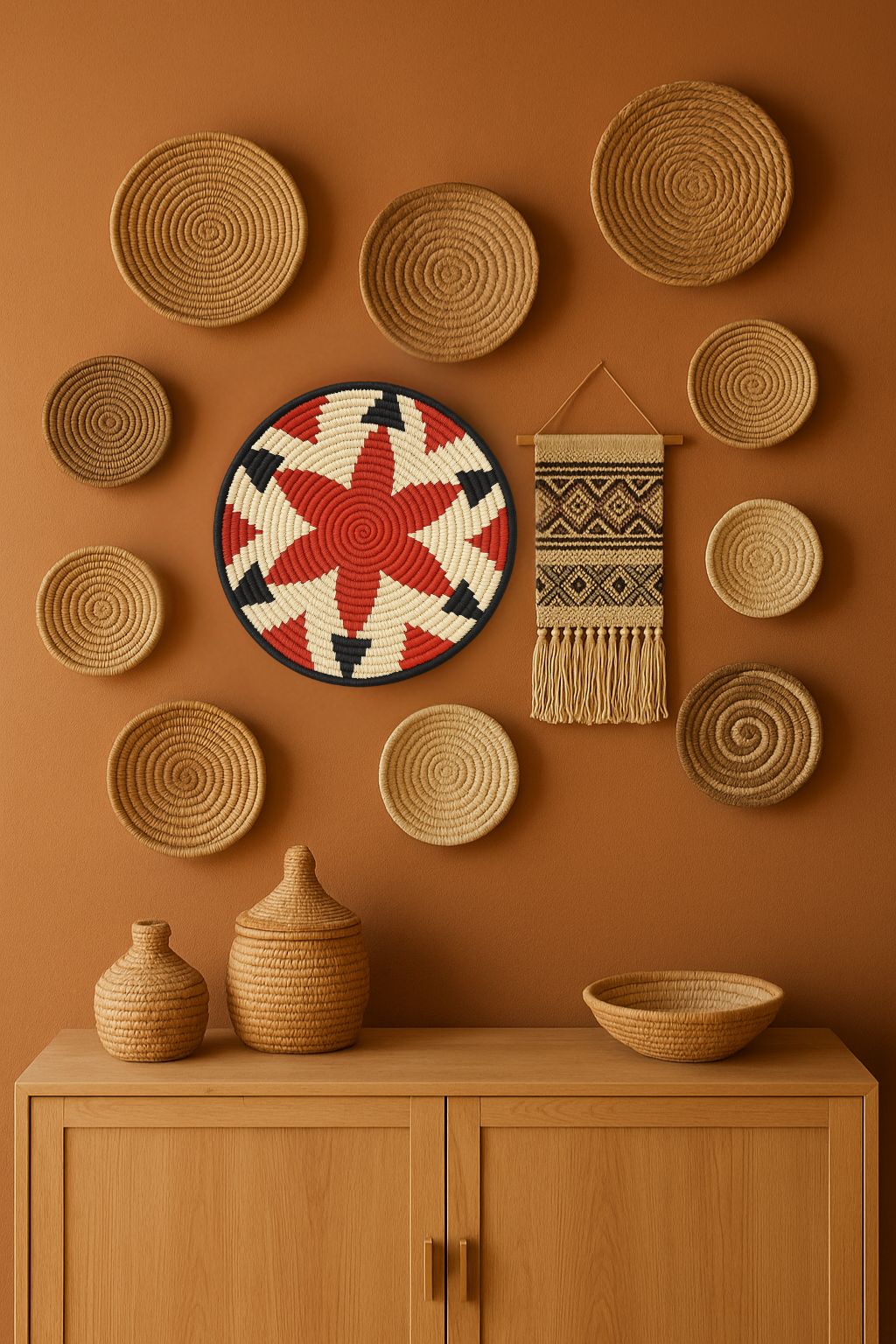 Natural-toned handwoven tribal star wall plate – round boho wall art for living room, gallery wall, or hallway

