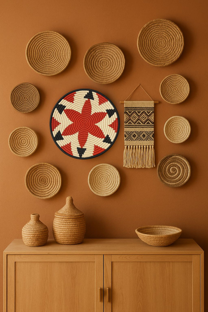 Natural-toned handwoven tribal star wall plate – round boho wall art for living room, gallery wall, or hallway

