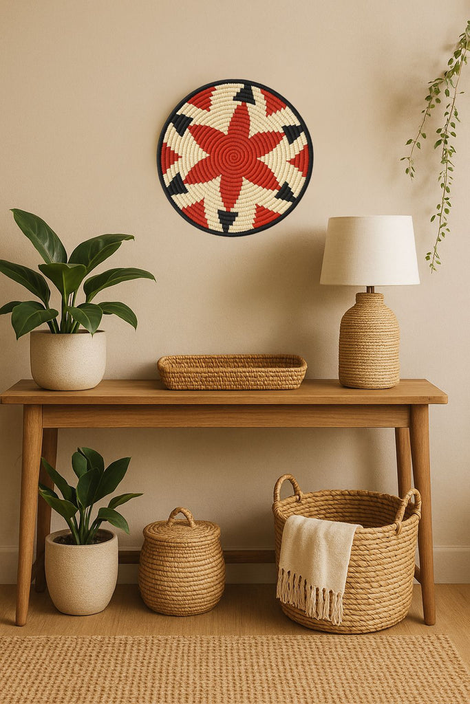 Natural-toned handwoven tribal star wall plate – round boho wall art for living room, gallery wall, or hallway

