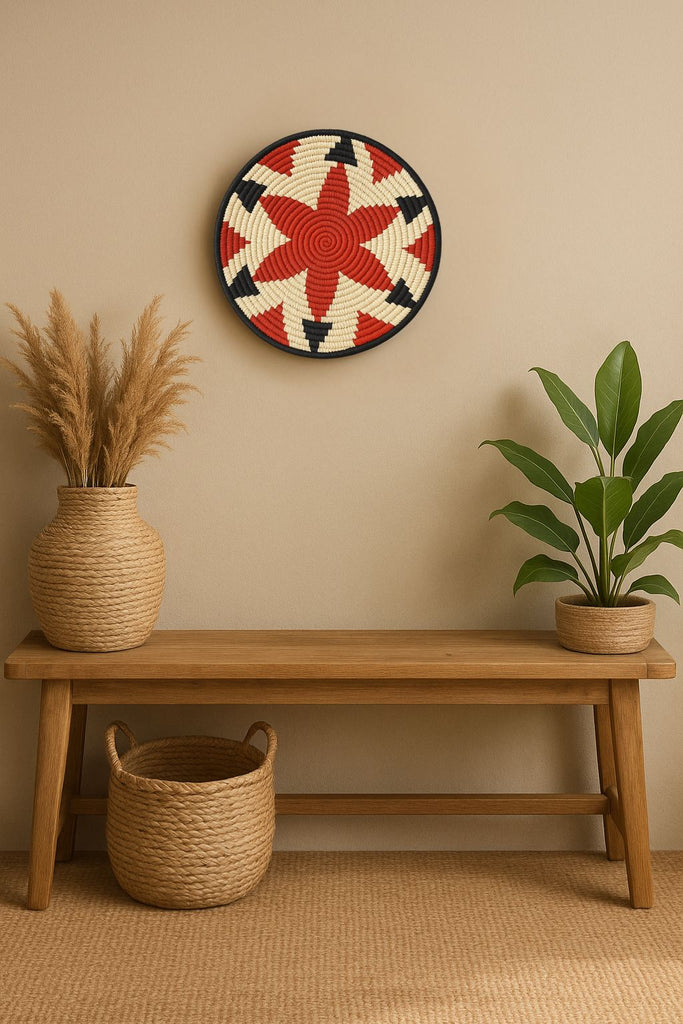 Natural-toned handwoven tribal star wall plate – round boho wall art for living room, gallery wall, or hallway

