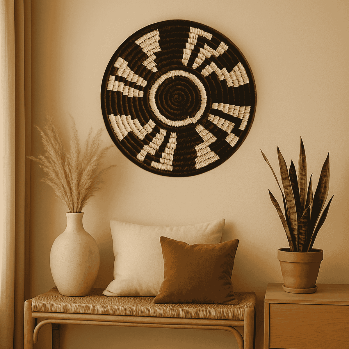Round monochrome tribal wall plate in black and white – handmade boho wall decor for living room or hallway accent wall