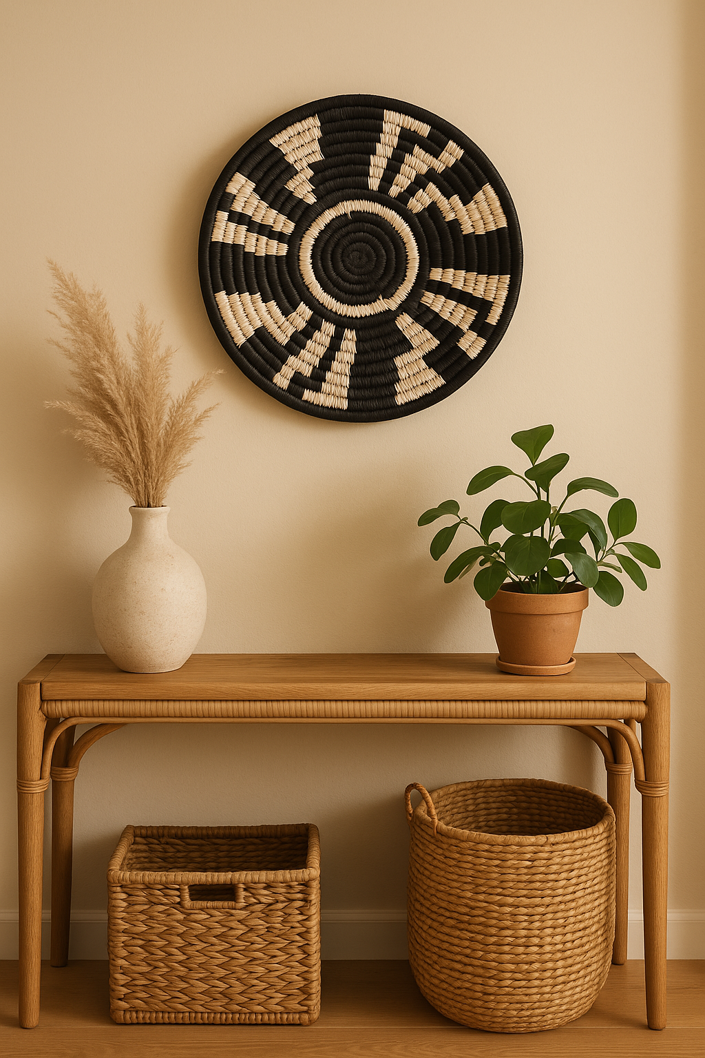 Round monochrome tribal wall plate in black and white – handmade boho wall decor for living room or hallway accent wall