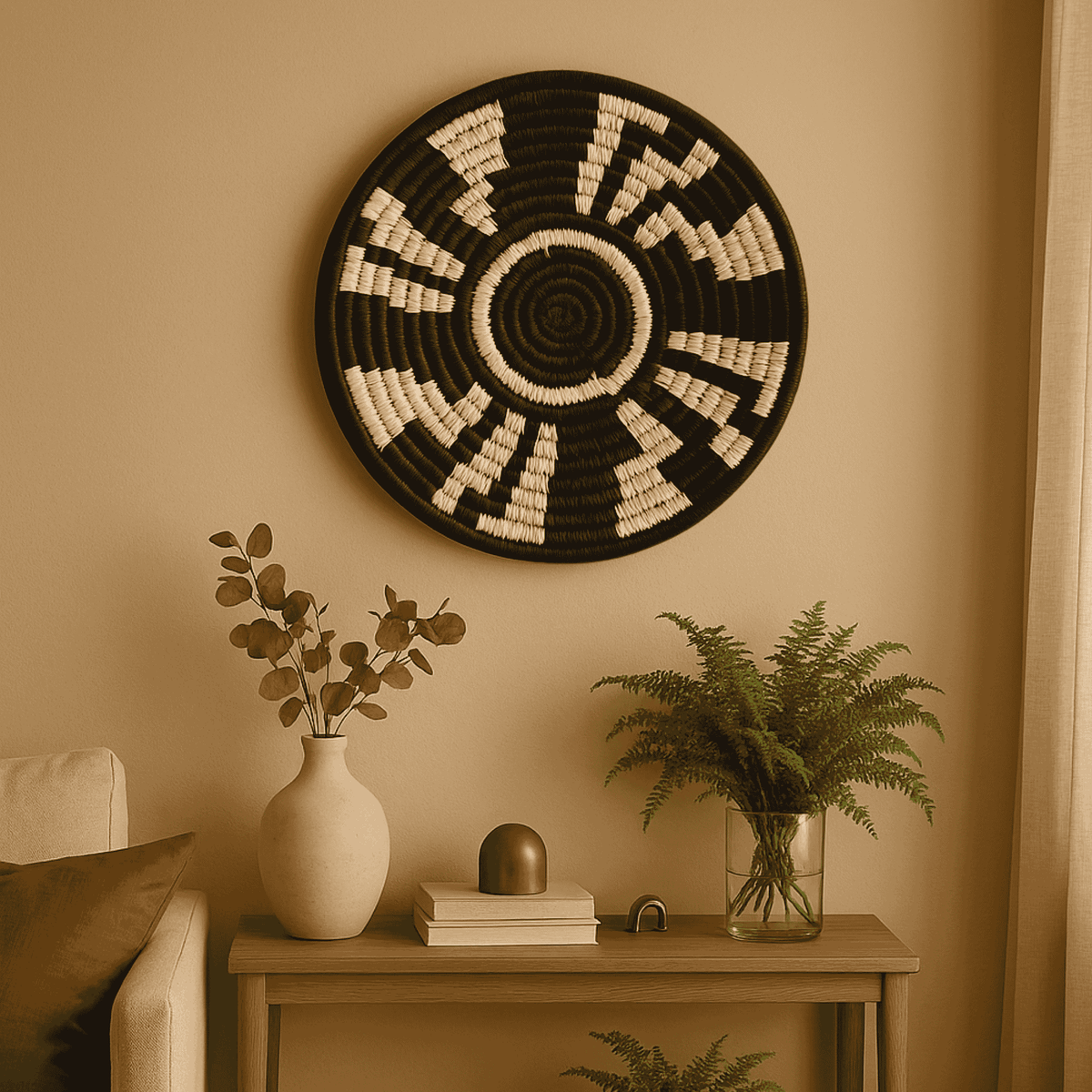 Round monochrome tribal wall plate in black and white – handmade boho wall decor for living room or hallway accent wall
