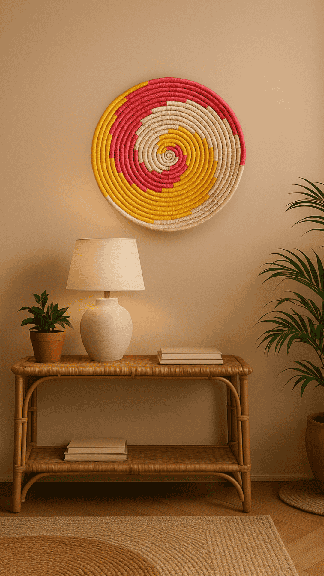 Round spiral pop wall plate with tribal print in red, black, and cream – boho wall art for living room or hallway