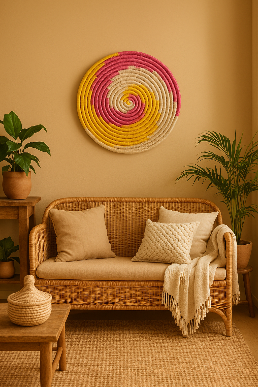 Round spiral pop wall plate with tribal print in red, black, and cream – boho wall art for living room or hallway
