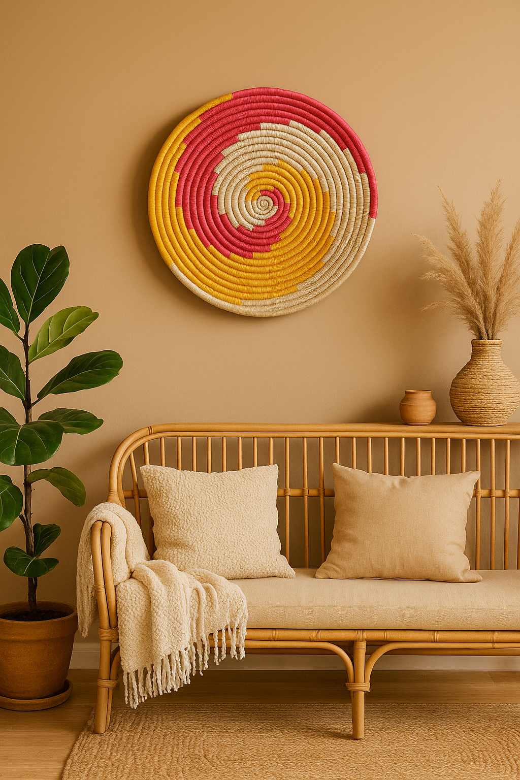 Round spiral pop wall plate with tribal print in red, black, and cream – boho wall art for living room or hallway