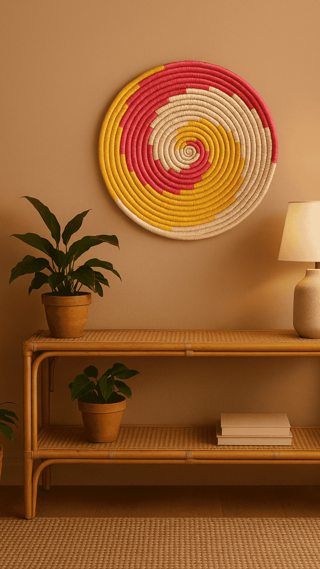Round spiral pop wall plate with tribal print in red, black, and cream – boho wall art for living room or hallway