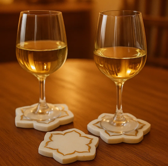 Inlaid Marble Mughal Blossom Coasters – Set of 4 Handcrafted