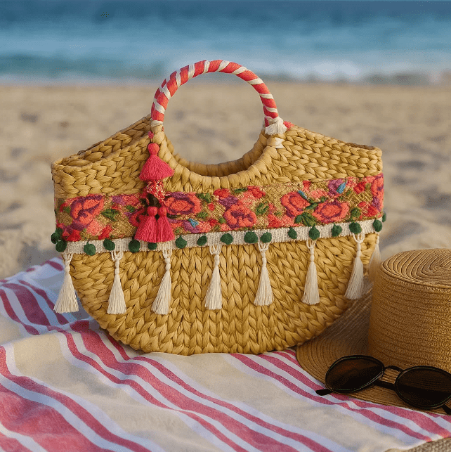 Floral Basket Woven Handbag – Cane Moon Bag for Women