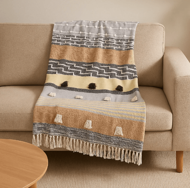 Statement Paneled Handloom Cotton & Wool Throw with Tassels