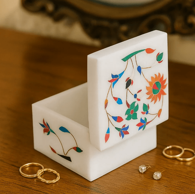 Inlaid Semi-Precious Stone & Marble Square Jewelry Box