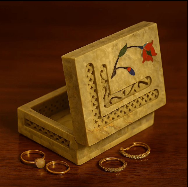 Inlaid Semi-Precious Stone & Lattice Cut Soapstone Jewelry Box