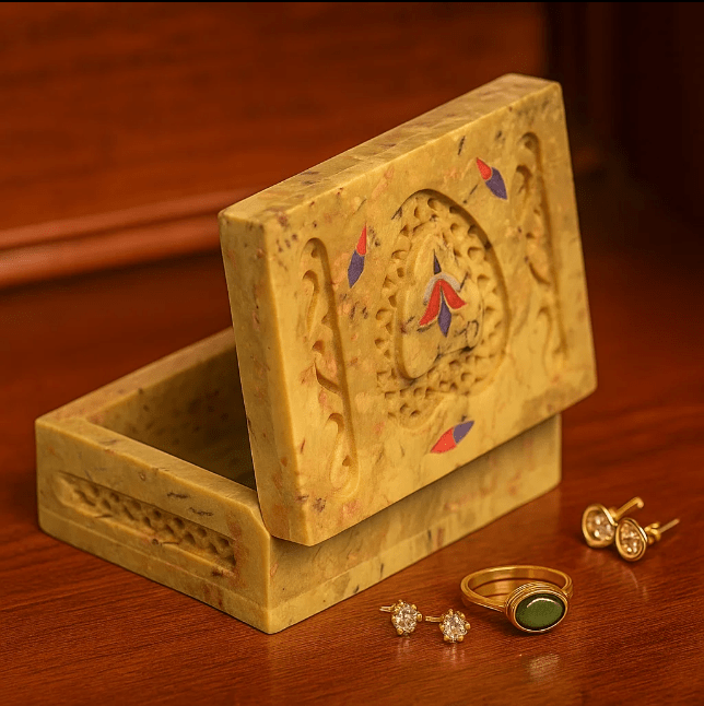 Soapstone Jewelry Box – Hand-Inlaid Semi-Precious Stones