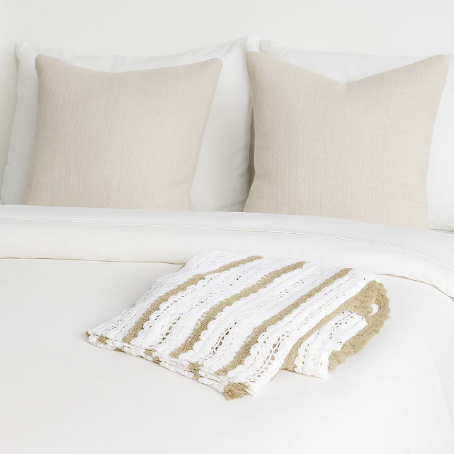 Striped Crochet Throw – Handmade White Cotton Comfort
