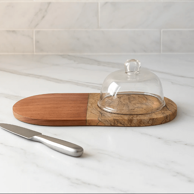 Marble &amp; Wood Capsule-Shaped Cake Platter With Glass Dome