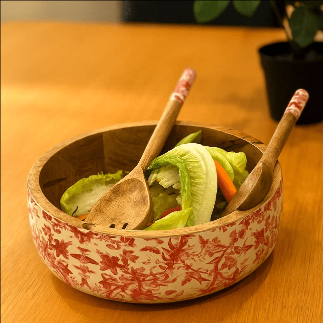 Floral Wooden Salad Bowl with Servers Set – Handcrafted