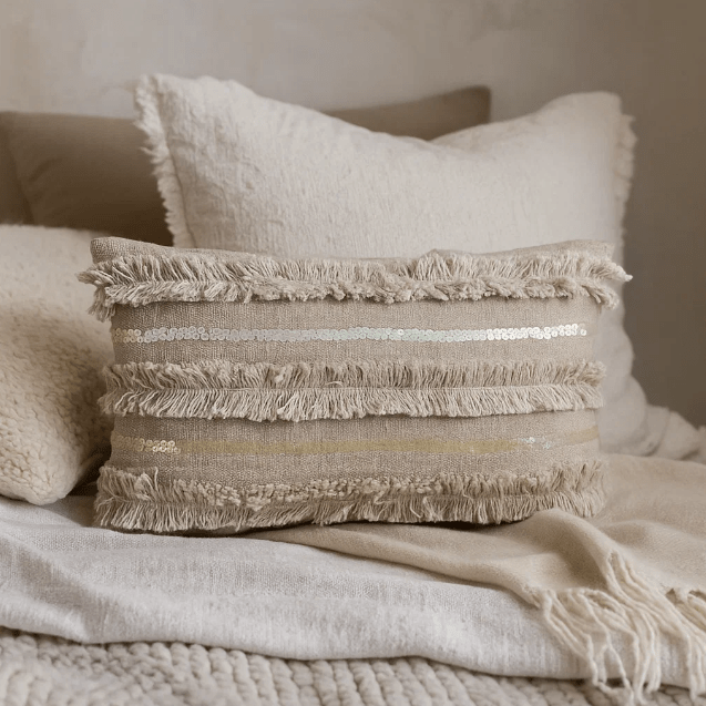 Sequinned &amp; Fringed Lumbar Cushion Cover – for Cozy Spaces