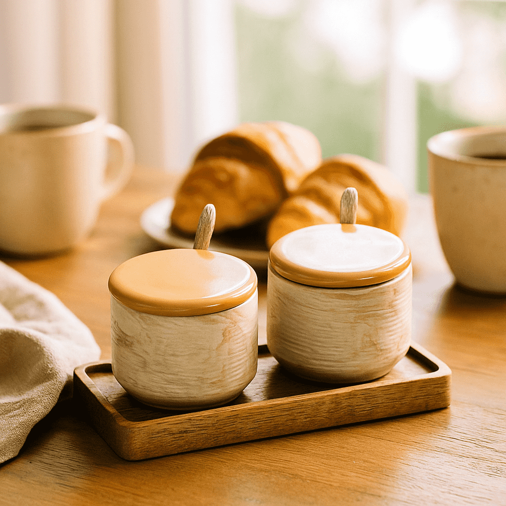 Set of Condiment Ceramic Bowls With Wooden Spoons