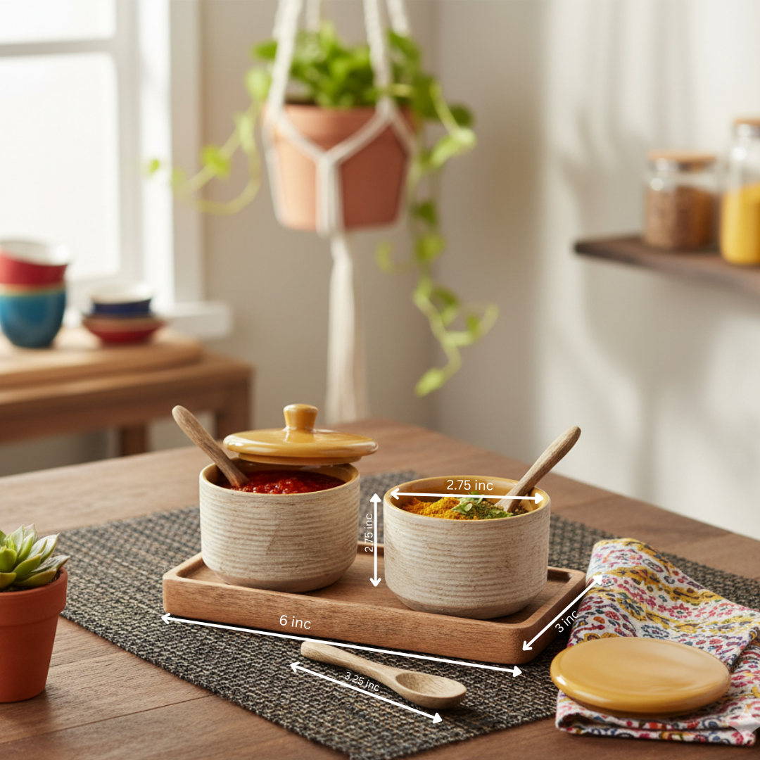 Set of Condiment Ceramic Bowls With Wooden Spoons