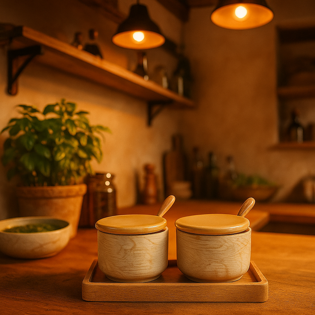 Set of Condiment Ceramic Bowls With Wooden Spoons