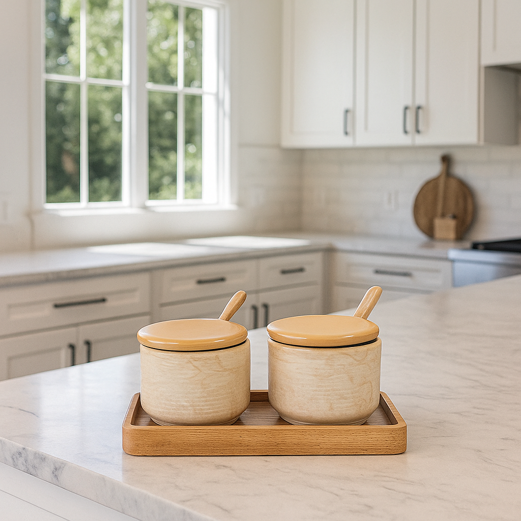 Set of Condiment Ceramic Bowls With Wooden Spoons shop now