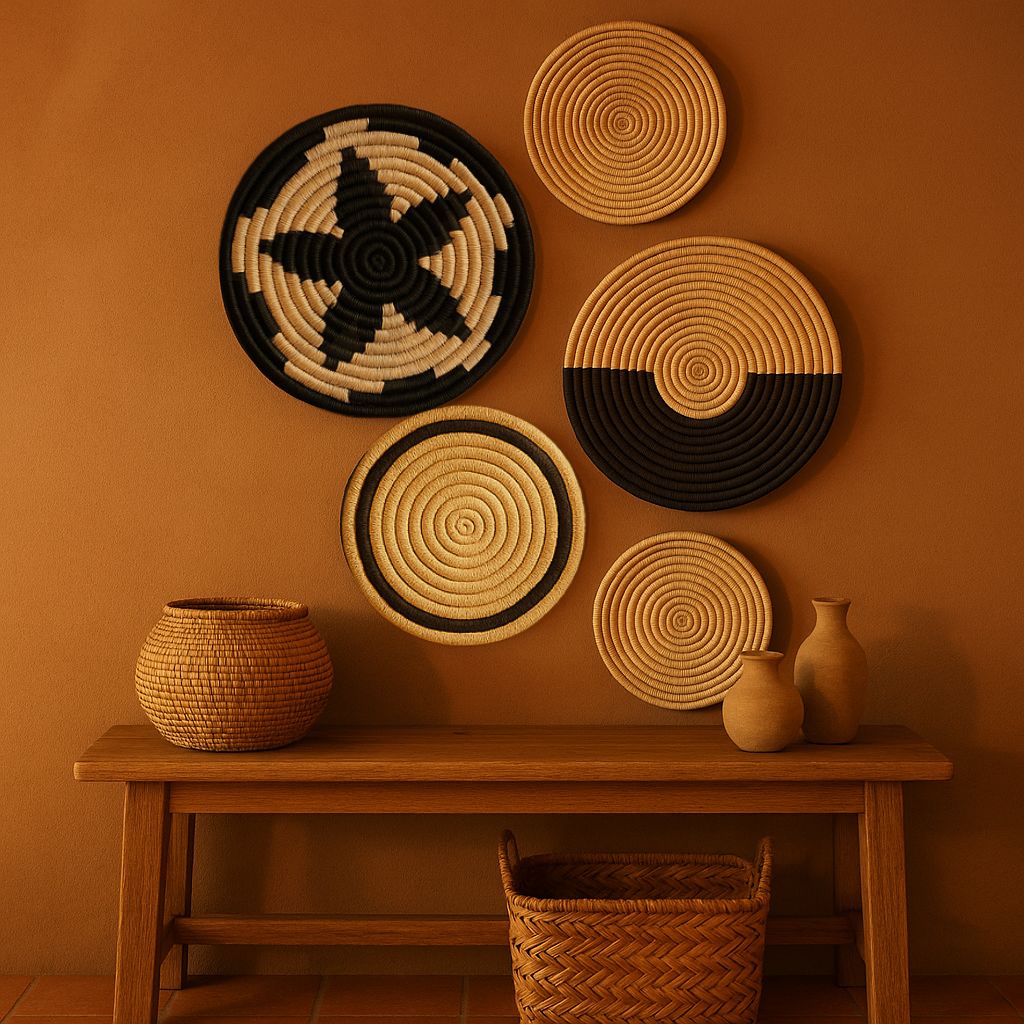 Set of five handwoven Sabai grass wall plates in neutral monotones – eco-friendly boho wall decor for gallery or hallway wall