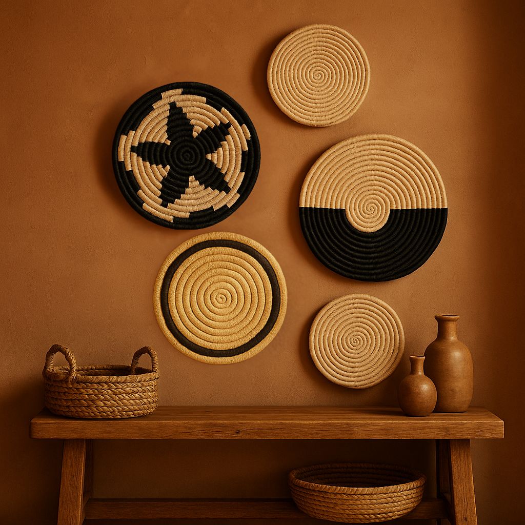 Set of five handwoven Sabai grass wall plates in neutral monotones – eco-friendly boho wall decor for gallery or hallway wall