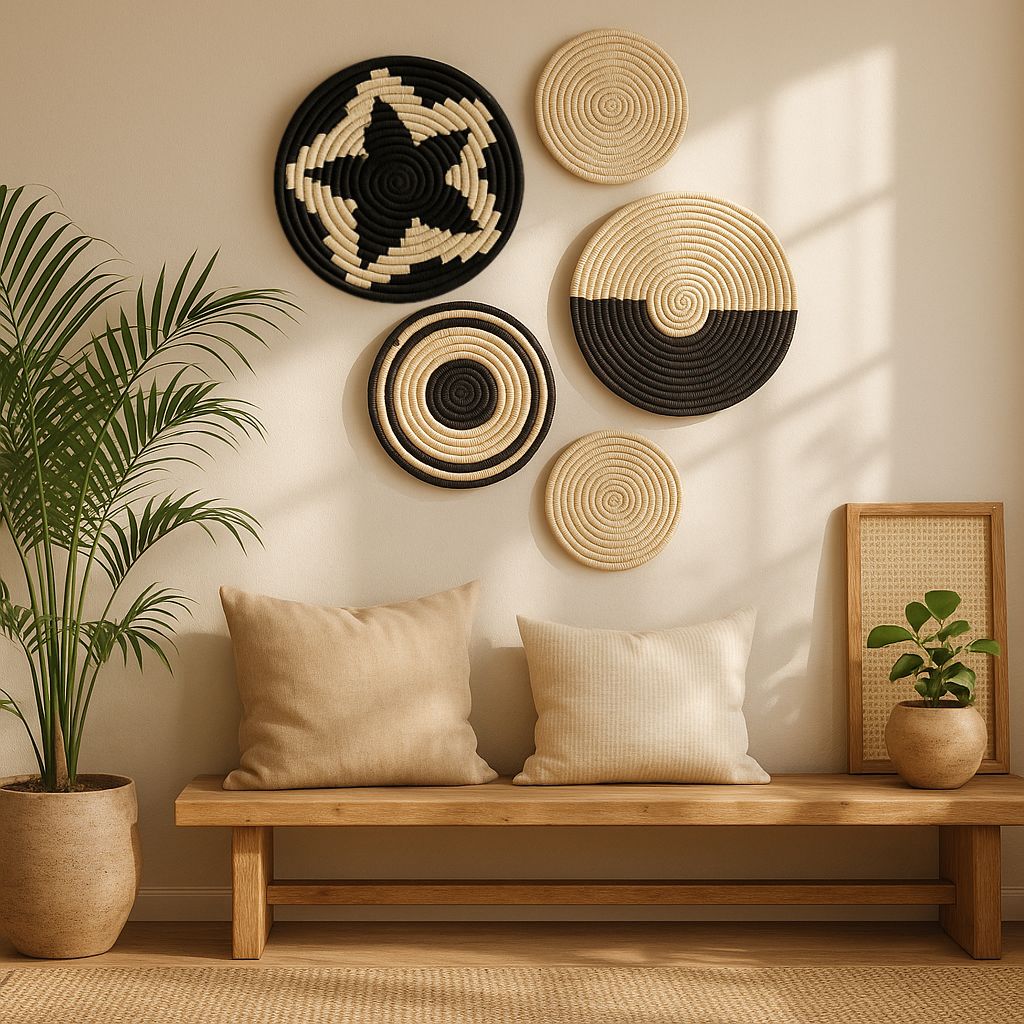 Set of five handwoven Sabai grass wall plates in neutral monotones – eco-friendly boho wall decor for gallery or hallway wall