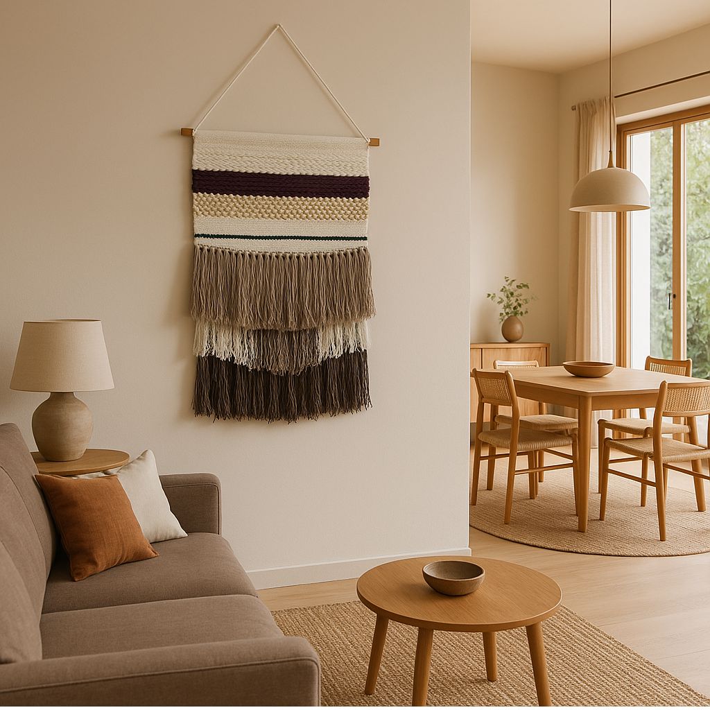 Striped cotton wall hanging with layered tassels – handwoven boho wall decor for bedroom, hallway, or living space