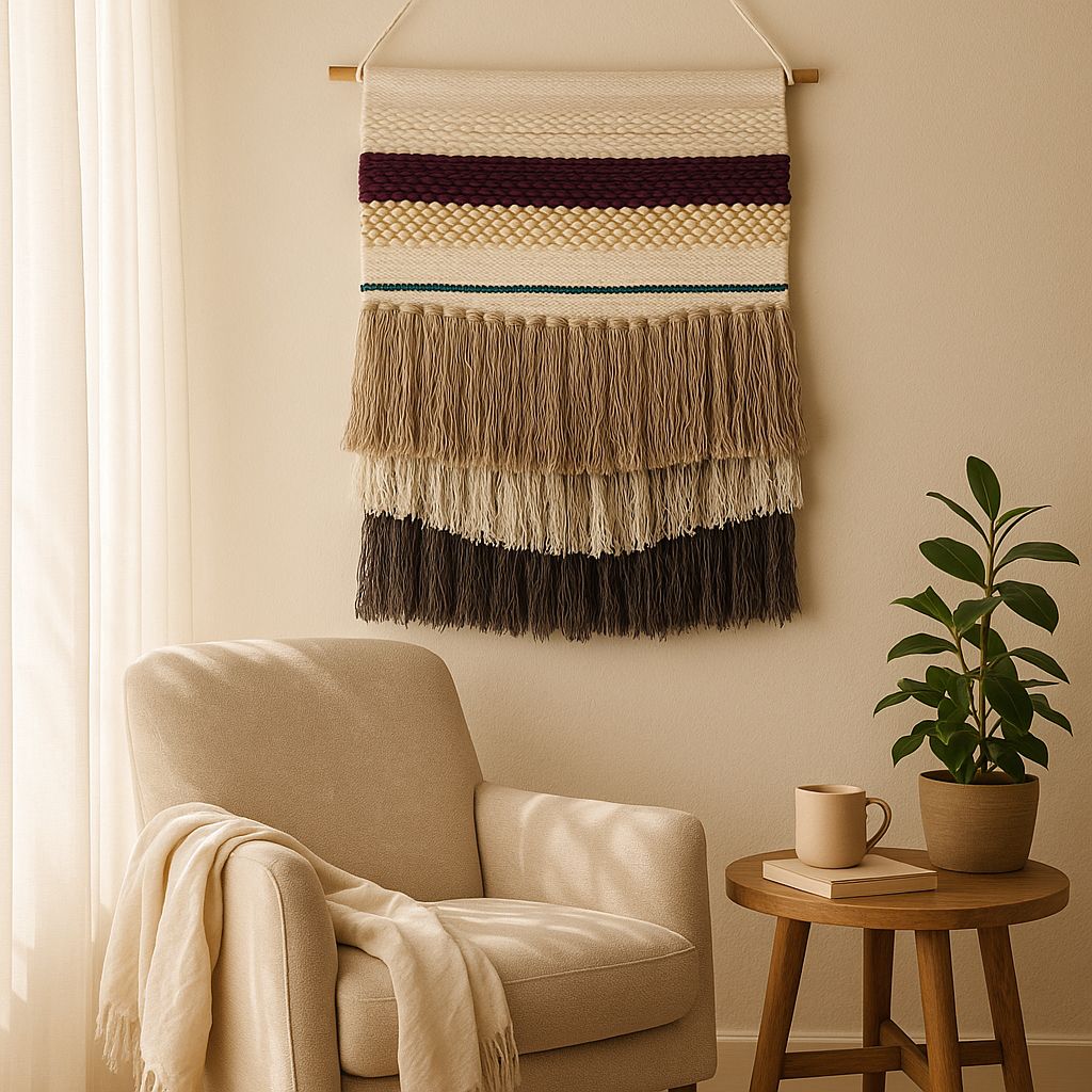 Striped cotton wall hanging with layered tassels – handwoven boho wall decor for bedroom, hallway, or living space