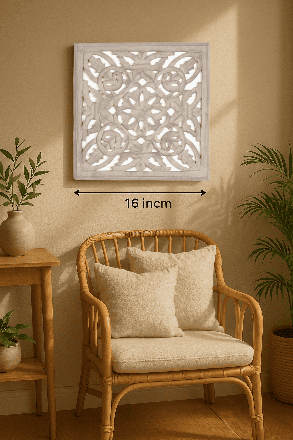 Taupe medallion wall plaque with floral carving – handcrafted vintage boho wall decor for living room or hallway