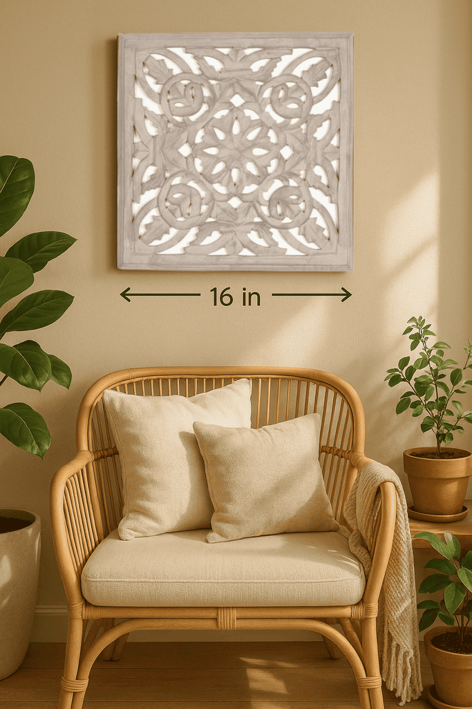 Taupe medallion wall plaque with floral carving – handcrafted vintage boho wall decor for living room or hallway