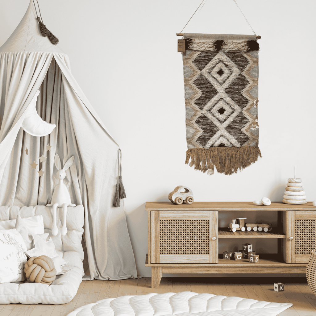 Tufted cream and brown wool wall hanging with layered fringe – handmade boho wall decor for bedroom or living room