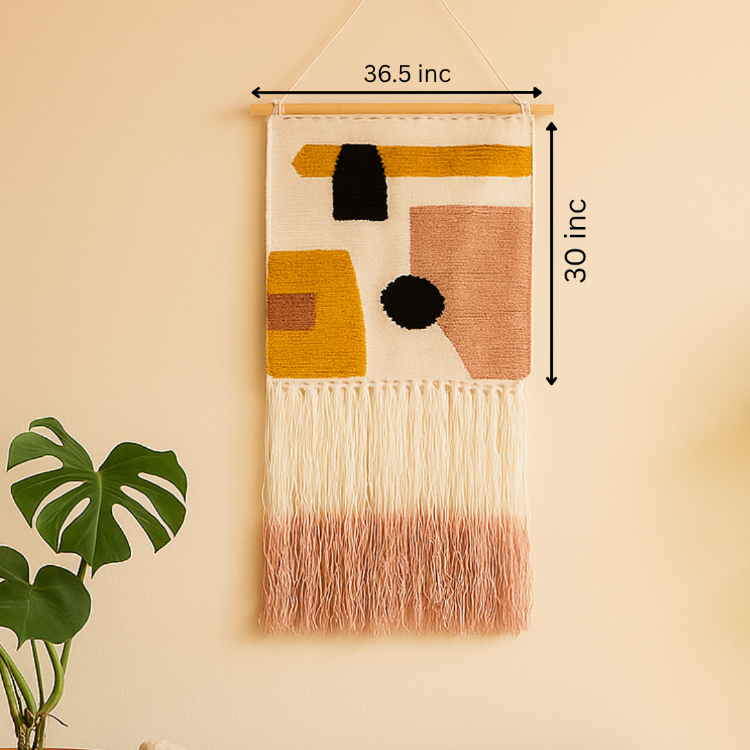 Tufted Handwoven &Abstract Wall Hanging with Ombre Fringes Measurement Image
