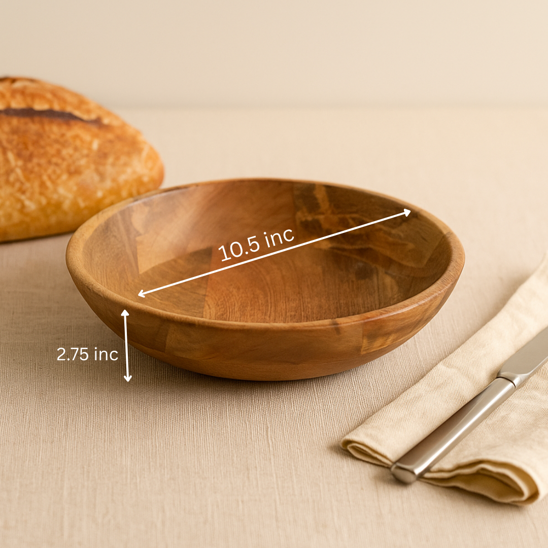 Turned Classic Mango Wood  Salad Bowl – Handcrafted - Measurement Image