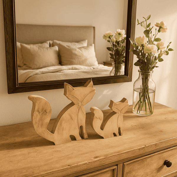 Wooden Fox Figurines | Hand Carved Rustic Set of 2 Decor