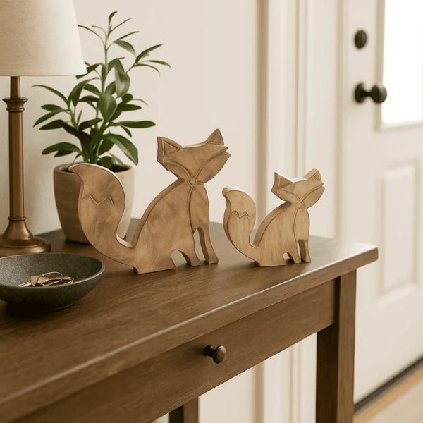 Wooden Fox Figurines | Hand Carved Rustic Set of 2 Decor