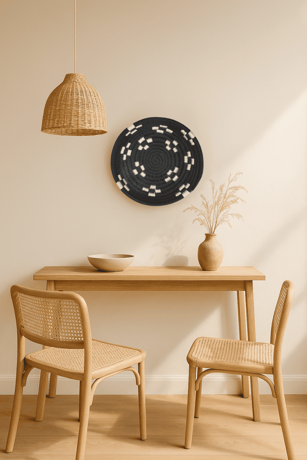 Black handwoven round wall plate with tribal patterns – boho wall decor for hallway, living room, or entryway

