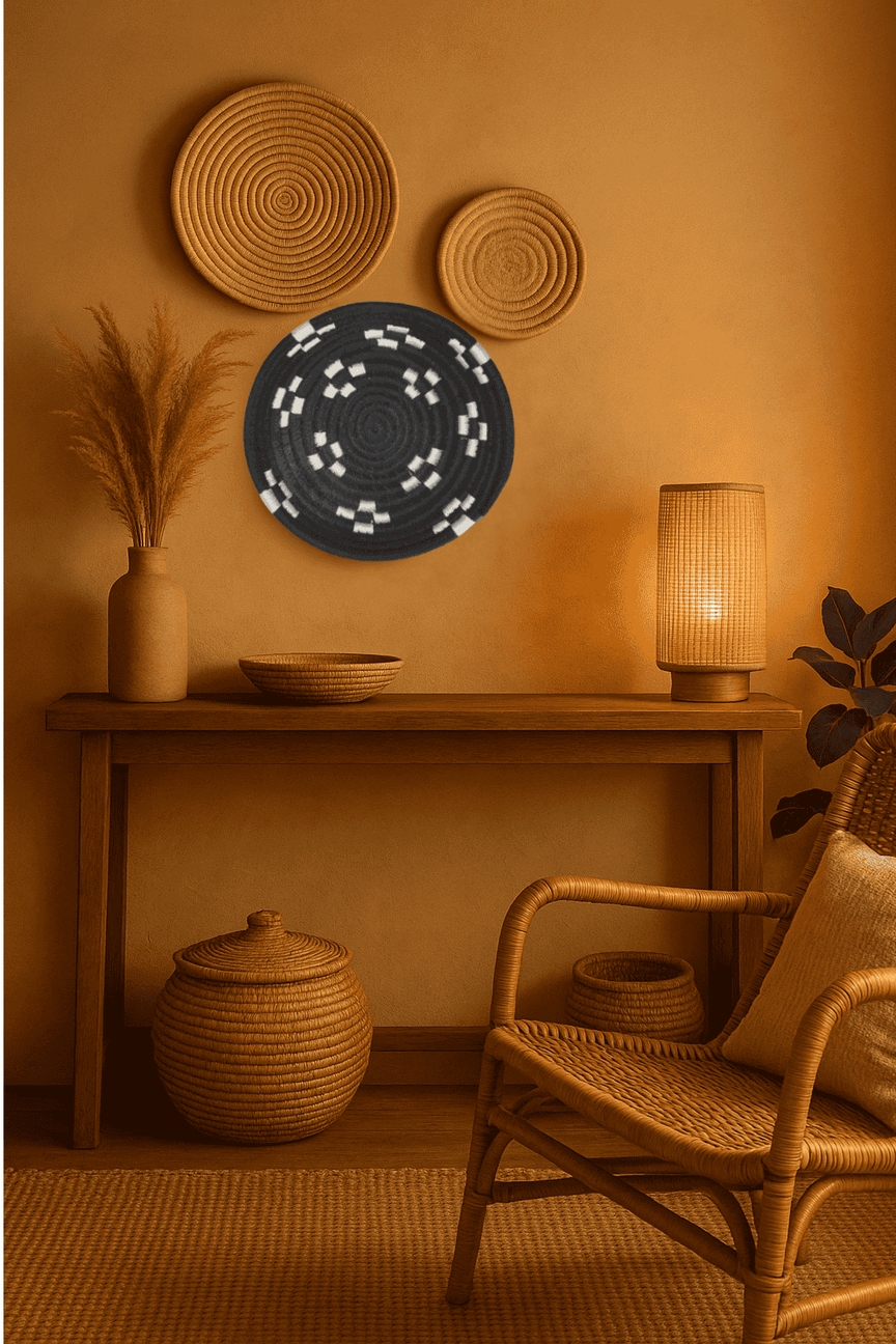 Black handwoven round wall plate with tribal patterns – boho wall decor for hallway, living room, or entryway

