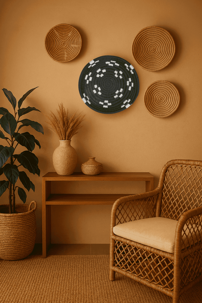 Black handwoven round wall plate with tribal patterns – boho wall decor for hallway, living room, or entryway

