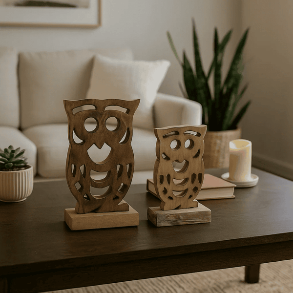 Rustic Owl Decor | Handcarved Wooden Tabletop Set of 2