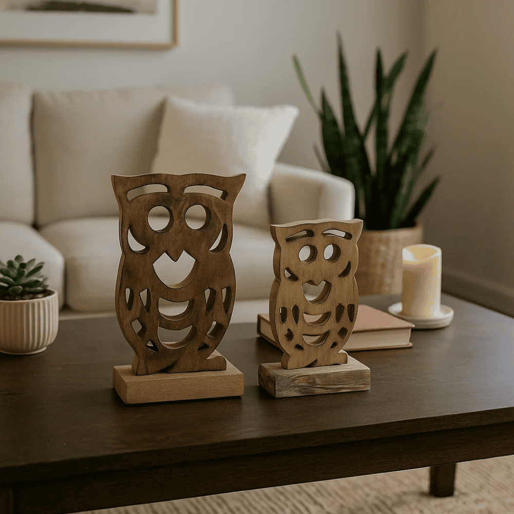 Rustic Wooden Owl Decoratives – Handcarved Tabletop (Set of 2)