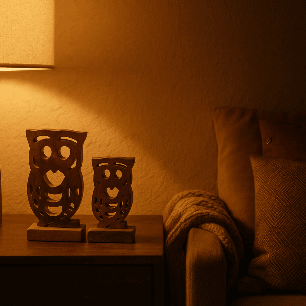 Rustic Wooden Owl Decoratives – Handcarved Tabletop (Set of 2)